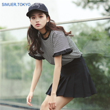 丝慕尔夏季新款韩版黑色显瘦针织打底衫 荷叶袖甜美条纹短袖t恤女