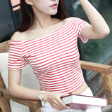 夏季女装红白一字领黑白条纹t恤女短袖短款上衣露脐修身韩国学生