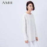 Amii2016秋季直筒圆领中长款大码长袖印花拼接套头通勤气层女卫衣