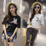 夏季女装竹节棉不规则短袖T恤女韩版学院风个性亮片小鸟图案上衣