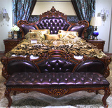 欧式床 实木雕花头层牛皮双人床美式真皮大床1.8米 2米豪华卧室床