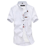 夏季白色立领男士韩版修身短袖衬衫休闲半袖衬衣时尚青年纯色男装