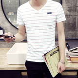 夏季韩版潮男装条纹V领免烫打底衫修身型半袖男士休闲紧身短袖T恤