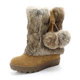 促销2012秋冬新款短靴天美意正品毛绒中筒靴兔毛内增高雪地