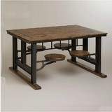美式乡村 铁艺复古组装方形饭桌一体式桌椅实椅组合做旧餐桌