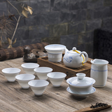 白瓷双线手绘茶具套装特价功夫茶具6人套组子母线大号盖碗茶杯