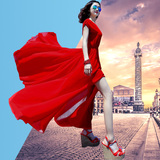 2016夏装女装欧美气质大码红色礼服长裙中长款雪纺衫连衣裙沙滩裙