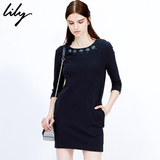 Lily2015冬新款女装中长款显瘦宽松钉珠长袖连衣裙115320C7203