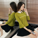 韩版修身翻领套头毛衣女衬衫领假两件套纯色针织衫短款打底毛线衣