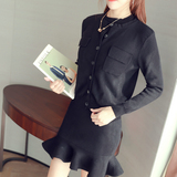2016秋冬韩版修身长袖针织开衫女毛衣外套鱼尾连衣裙两件套装