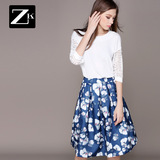 ZK2016春季套装女装春装显瘦印花修身套装裙镂空时尚休闲套装潮