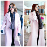 2016秋季新款刘亦菲明星同款粉色毛呢外套长款欧美风衣羊毛呢大衣