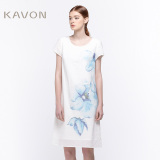 Kavon/卡汶 设计师品牌夏文艺 短袖套头中长款印花棉麻女装连衣裙