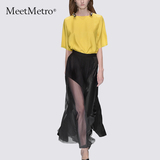 MeetMetro2016夏季时尚两件套短袖宽松大摆真丝连衣裙女长裙套装