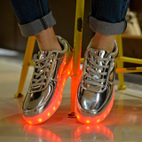 春季USB充电镜面发光鞋男女情侣鞋金银色LED荧光鞋七彩闪光亮灯鞋