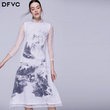dfvc2016春夏新款女装中国风水墨山水画中长款桑蚕丝连衣裙真丝