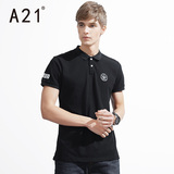 A21男装修身翻领黑色POLO衫 时尚撞色个性字母2016夏季新品保罗衫