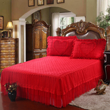 大红色床裙纯棉白色蕾丝床罩纯色夹棉加厚床笠床单高档床垫保护套