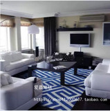 简约现代蓝色条纹宜家客厅茶几沙发卧室床边手工腈纶地毯满铺定制