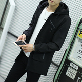 韩版青少年大码风衣男中长款修身型时尚休闲纯色连帽黑色外套男潮
