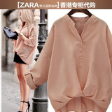 Zara女装正品代购2016夏季新款大码时尚显瘦宽松纯色长袖立领衬衫