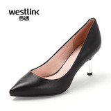 Westlink/西遇2016春季新款 简约优雅羊皮尖头高跟鞋金属细跟单鞋