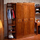 现代中式橡木衣柜 简约三门衣柜衣架组合大衣橱 特价三包实木衣柜