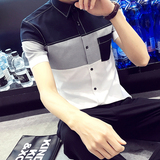 青年男士短袖衬衫韩版大码修身衬衣夏季青少年男装拼接休闲衣服潮