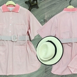 【钱夫人】定制 显瘦细条纹冰淇淋粉色polo腰带衬衣