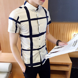 港风休闲格子男士短袖衬衫韩版修身衬衣半袖男装夏季青年小衫薄款