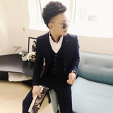韩国精品时尚小西装男修身西服套装格子修身潮流西装3件套男外套