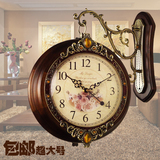 慕臻欧式双面挂钟客厅实木钟表创意中美式时钟复古典静音石英挂表