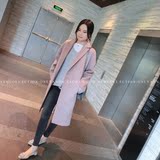 2015新韩版修身驼粉色中长款单排扣廓型羊毛呢子大衣加厚女外套冬