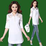 女士衬衫2016春款韩范版打底白色夏季潮镂空修身中长款衬衣短袖