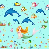 儿童房幼儿园浴室卫生间游泳馆海洋鱼海豚海底世界美人鱼身高墙贴