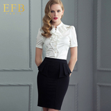 EFB欧美高端女装女士白色衬衫套裙短袖职业荷叶边衬衣女裙套装夏