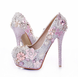 新款超高跟细跟新娘鞋圆头浅口粉色花朵水晶鞋结婚鞋防水台女单鞋
