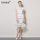 Tinee重工绣花水溶蕾丝白色连衣裙 中长款夏天前短后长无袖小白裙