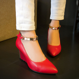 2016春季女鞋新款坡跟单鞋时尚真皮浅口脚环搭扣尖头红色高跟鞋子