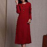 冬季新款红色麻盘扣加厚长款长袖旗袍连衣裙复古女装【平凡之美】