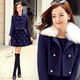 秋冬新款韩版少女修身短款毛呢外套短装羊毛呢子打底背心裙两件套