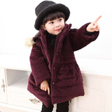 女童冬装2015新款加厚棉服连帽中长款棉袄蝴蝶结保暖上衣儿童外套