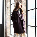 2015新秋冬款韩版休闲茧型中长款毛呢子外套女韩国紫红色羊绒大衣