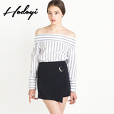 hodoyi2016秋季新品女装 时尚一字领条纹修身显瘦长袖衬衫女