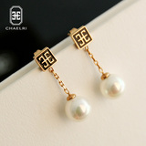 兰米儿珍珠方形黑色长款气质18K玫瑰金彩金耳钉耳环女韩国版饰品