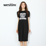 Westlink西遇2016春季新款 字母亮丝直筒短袖T恤裙中长款连衣裙