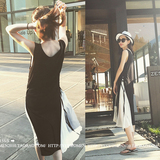 韩国代购夏季气质背心长裙黑白拼接性感雪纺连衣裙休闲度假沙滩裙