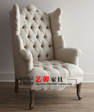 现货新古典实木老虎椅美式麻布单人沙发椅仿古欧式法式高背椅家具