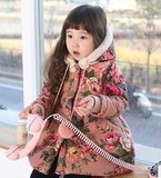 2016童装冬装新款女童韩版加绒加厚棉衣儿童碎花棉袄连帽公主外套