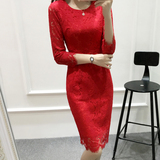 新款春夏韩版纯色修身包臀中长款镂空拼接打底裙子红色蕾丝连衣裙